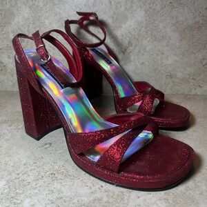 VTG Bakers Red Glitter Platform Heels 9B Holographic Bratz Y2K Chunky Block Heel